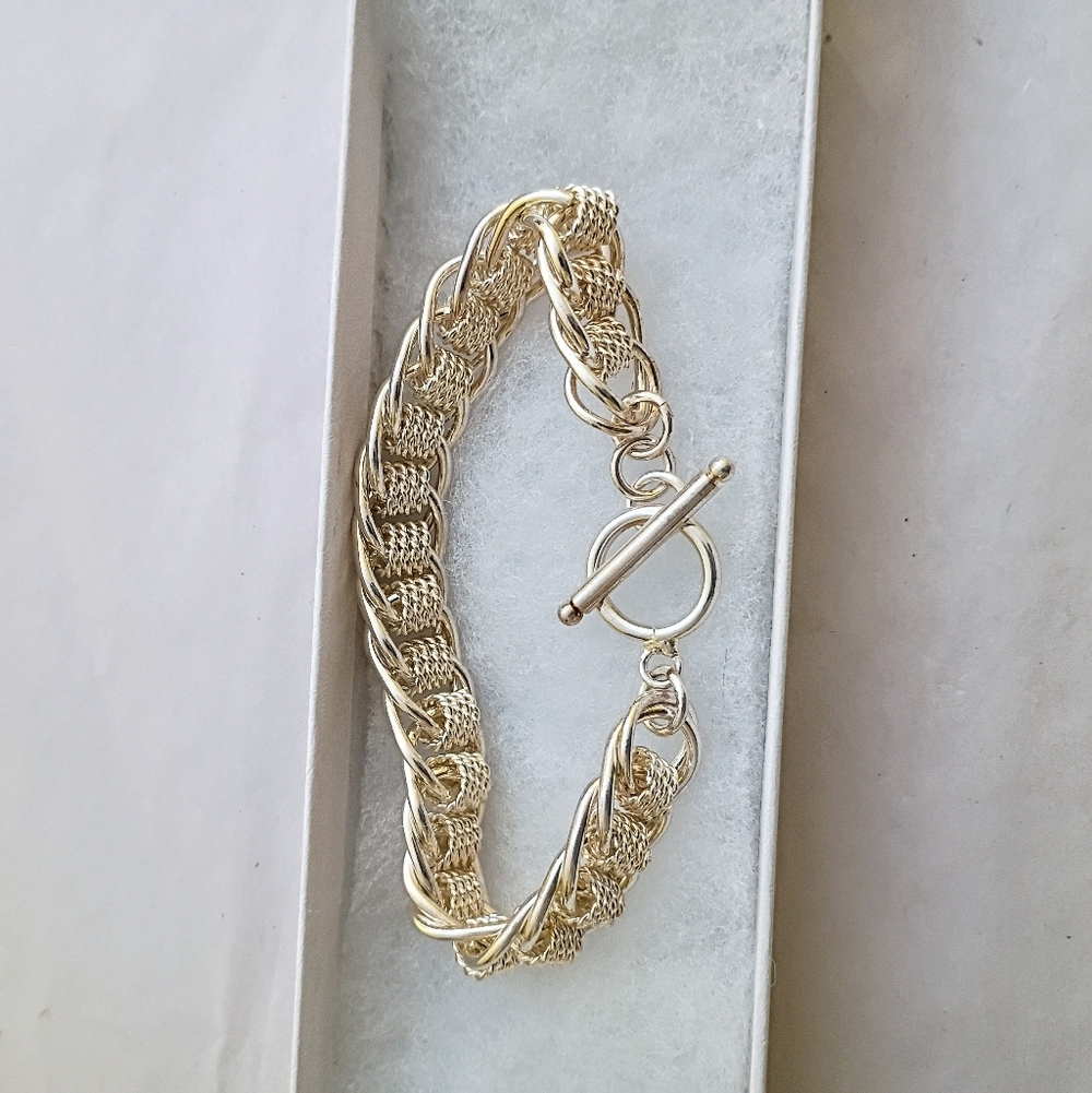 Silver 925 Heavy Barrel Twist Interlocking Chain Bracelet 7.5"-8"